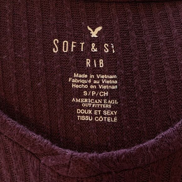 American Eagle Women's S Soft & Sexy Rib Long Sleeve V-Neck Shirt Berry Wine - Picture 5 of 6